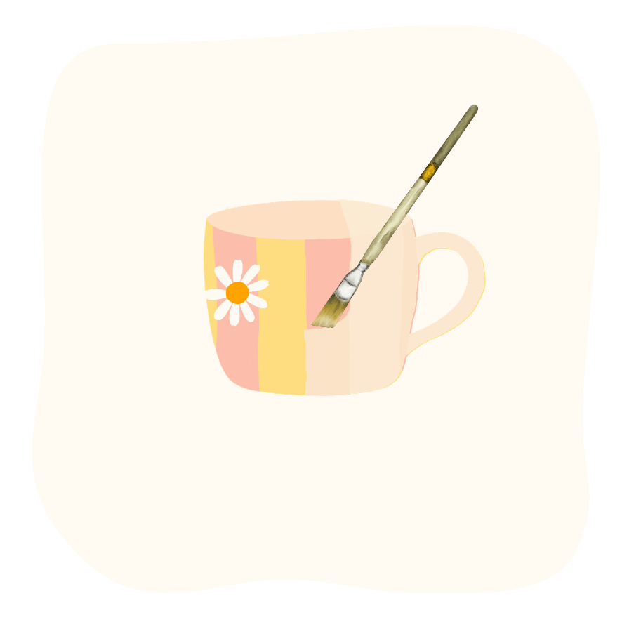 Un mug décoré au pinceau de rayures pastel et d'une marguerite